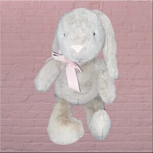 Pottery Barn Kids PBK Grey Bunny Rabbit Plush Pink Ribbon Bow Stuffed Animal 16"